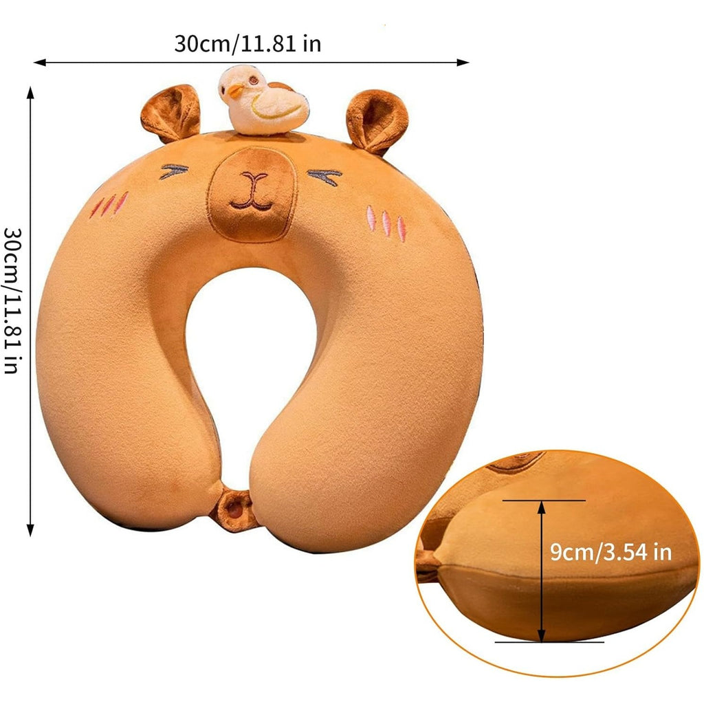 Perna de Calatorie in Forma de U, Flippy, Pentru Gat si Cap, Umplutura din Spuma cu Memorie, 30x30 cm, Model Capybara, Accesoriu de Voiaj, Birou, Masina, Sistem Prindere Capse, Maro-3