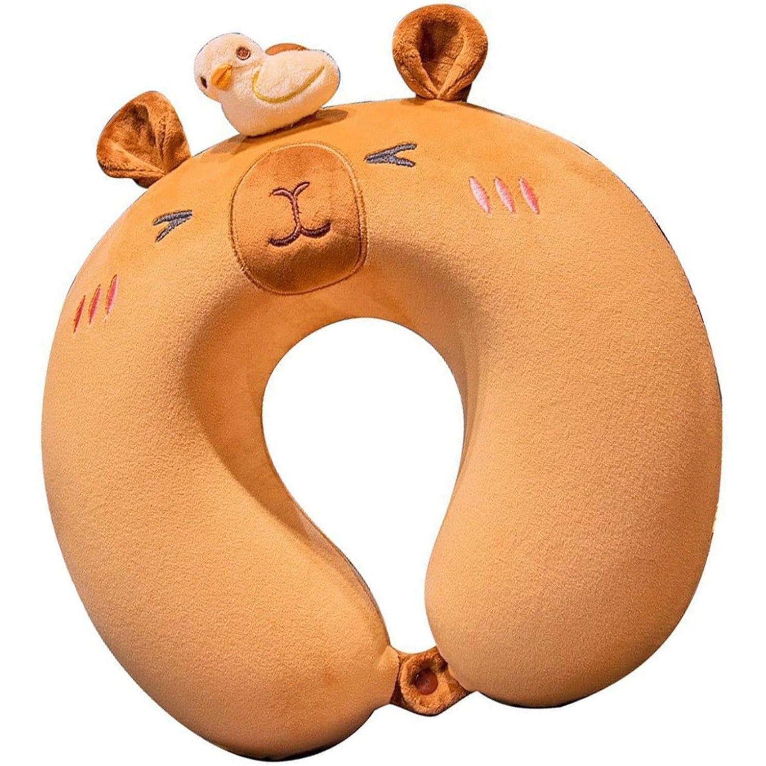 Perna de Calatorie in Forma de U, Flippy, Pentru Gat si Cap, Umplutura din Spuma cu Memorie, 30x30 cm, Model Capybara, Accesoriu de Voiaj, Birou, Masina, Sistem Prindere Capse, Maro-0