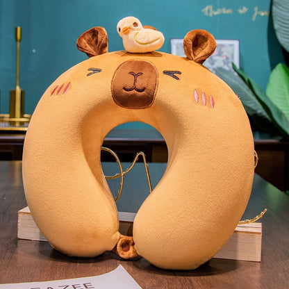 Perna de Calatorie in Forma de U, Flippy, Pentru Gat si Cap, Umplutura din Spuma cu Memorie, 30x30 cm, Model Capybara, Accesoriu de Voiaj, Birou, Masina, Sistem Prindere Capse, Maro-6