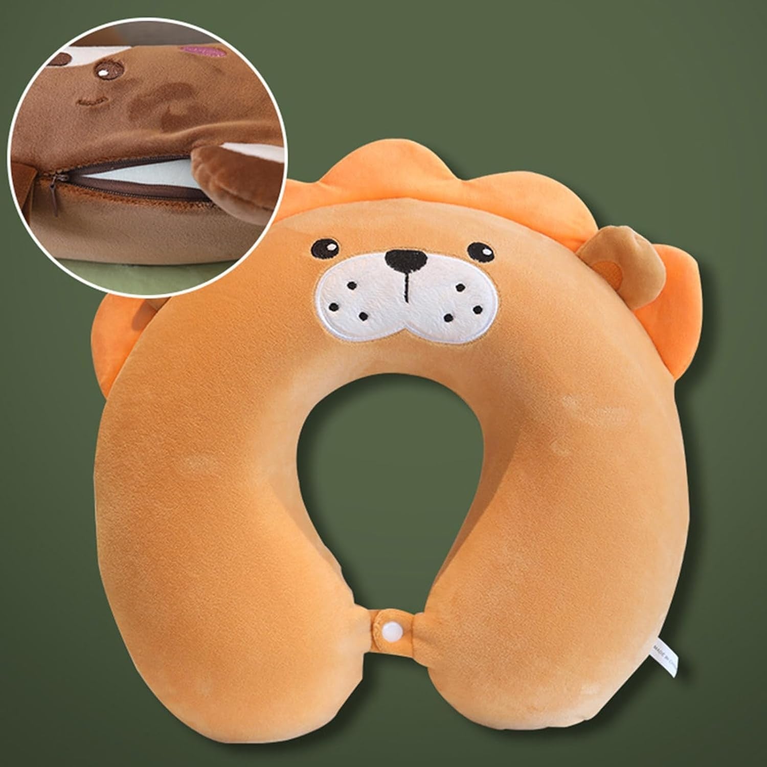 Perna de Calatorie in Forma de U, Flippy, Pentru Gat si Cap, Umplutura din Spuma cu Memorie, 30x30 cm, Model Leu, Accesoriu de Voiaj, Birou, Masina, Sistem Prindere Capse, Maro-1