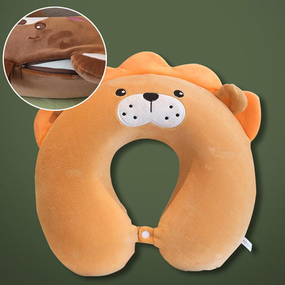 Perna de Calatorie in Forma de U, Flippy, Pentru Gat si Cap, Umplutura din Spuma cu Memorie, 30x30 cm, Model Leu, Accesoriu de Voiaj, Birou, Masina, Sistem Prindere Capse, Maro-1