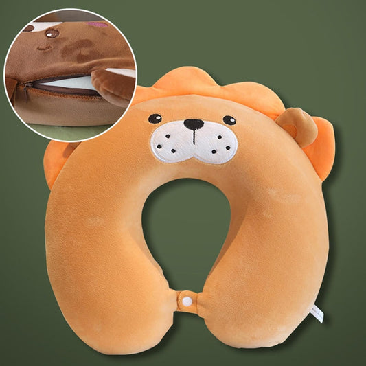 Perna de Calatorie in Forma de U, Flippy, Pentru Gat si Cap, Umplutura din Spuma cu Memorie, 30x30 cm, Model Leu, Accesoriu de Voiaj, Birou, Masina, Sistem Prindere Capse, Maro-1