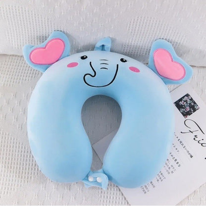 Perna de Calatorie in Forma de U, Flippy, Pentru Gat si Cap, Umplutura din Spuma cu Memorie, 30x30 cm, Model Elefant, Accesoriu de Voiaj, Birou, Masina, Sistem Prindere Capse, Albastru-1