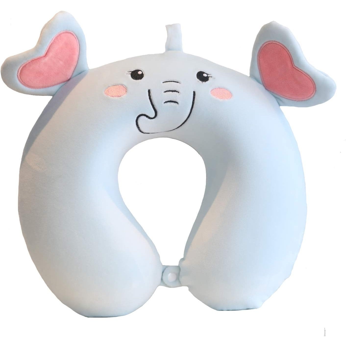 Perna de Calatorie in Forma de U, Flippy, Pentru Gat si Cap, Umplutura din Spuma cu Memorie, 30x30 cm, Model Elefant, Accesoriu de Voiaj, Birou, Masina, Sistem Prindere Capse, Albastru-0
