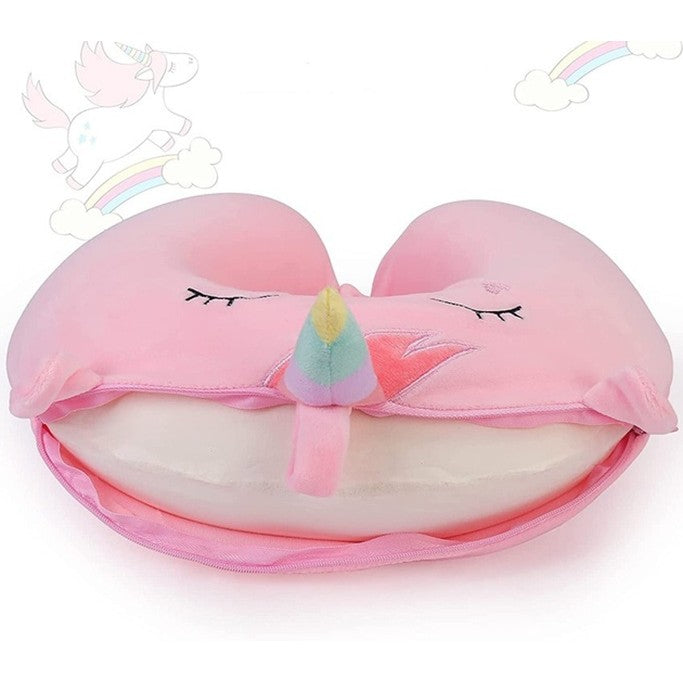 Perna de Calatorie in Forma de U, Flippy, Pentru Gat si Cap, Umplutura din Spuma cu Memorie, 30x30 cm, Model Unicorn, Accesoriu de Voiaj, Birou, Masina, Sistem Prindere Capse, Roz-2