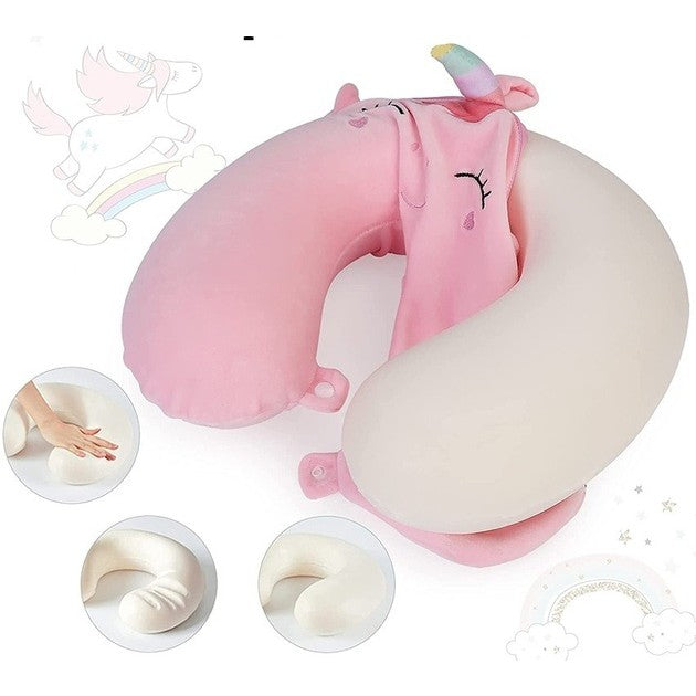 Perna de Calatorie in Forma de U, Flippy, Pentru Gat si Cap, Umplutura din Spuma cu Memorie, 30x30 cm, Model Unicorn, Accesoriu de Voiaj, Birou, Masina, Sistem Prindere Capse, Roz-4
