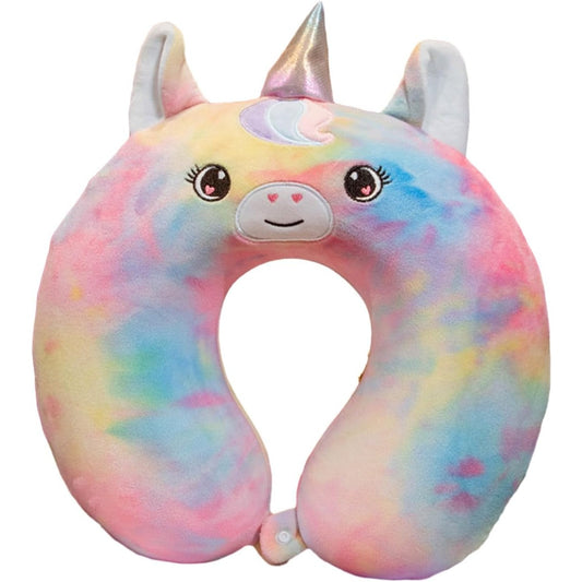 Perna de Calatorie in Forma de U, Flippy, Pentru Gat si Cap, Umplutura din Spuma cu Memorie, 30x30 cm, Model Unicorn, Accesoriu de Voiaj, Birou, Masina, Sistem Prindere Capse, Multicolor-0