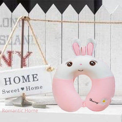 Perna de Calatorie in Forma de U, Flippy, Pentru Gat si Cap, Umplutura din Spuma cu Memorie, 30x30 cm, Model Iepuras, Accesoriu de Voiaj, Birou, Masina, Sistem Prindere Capse, Roz-Alb-2