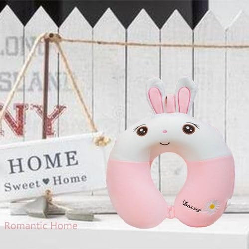 Perna de Calatorie in Forma de U, Flippy, Pentru Gat si Cap, Umplutura din Spuma cu Memorie, 30x30 cm, Model Iepuras, Accesoriu de Voiaj, Birou, Masina, Sistem Prindere Capse, Roz-Alb-2