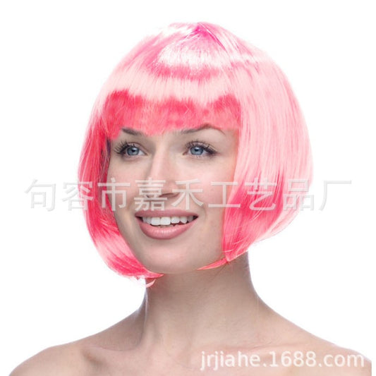 Peruca Cosplay pentru Femei, Stil Colorat, Tunsoare Bob cu Breton, Ideala pentru Carnaval, Halloween si Petreceri, Roz Deschis-0