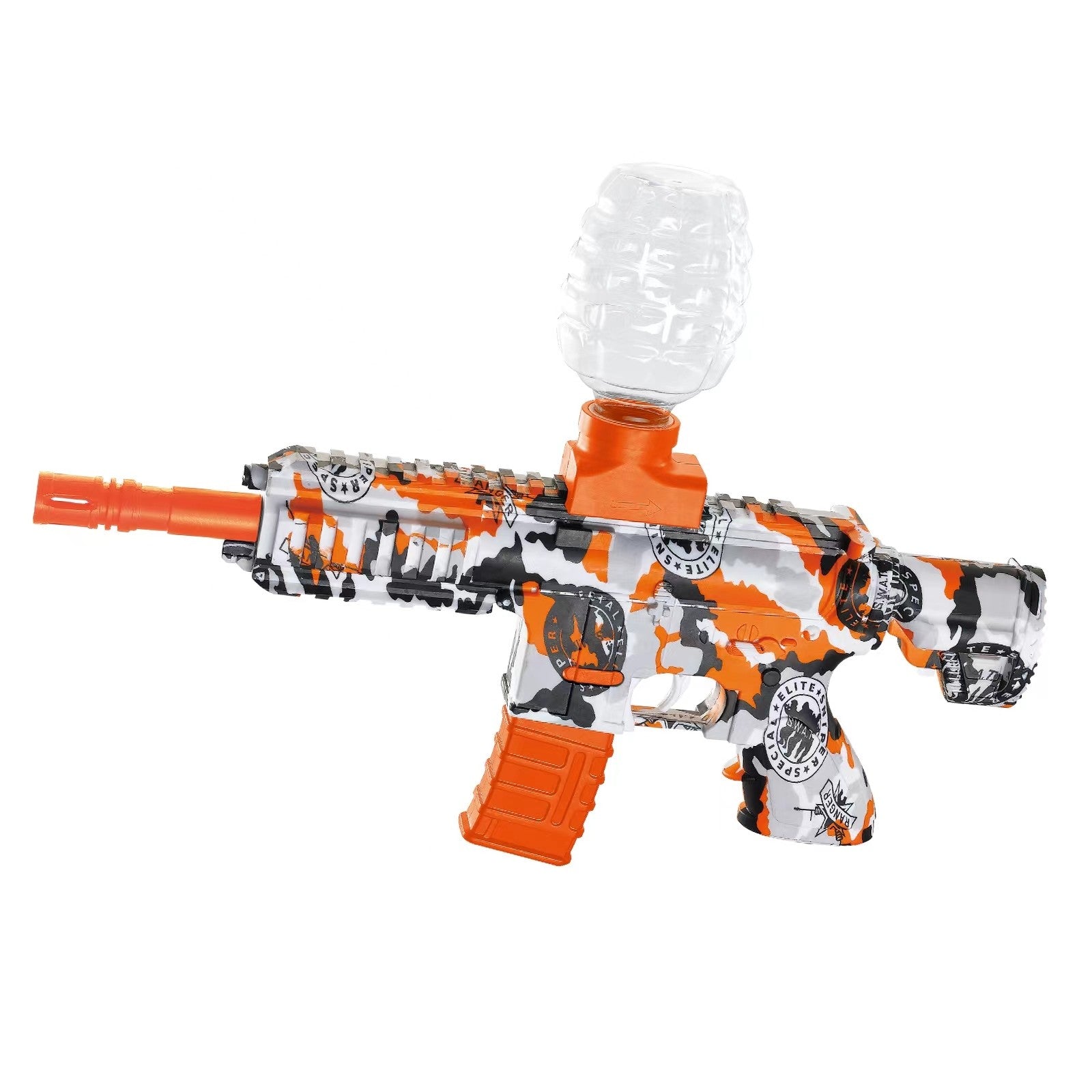 Mitraliera de jucarie electrica Flippy cu bile de hidrogen de gel, gun bluster, tragere in rafala, varsta peste 6 ani, ochelari de protectie, 5000 de bile incluse, cablu de incarcare, 27x37 cm, M416, portocaliu-0