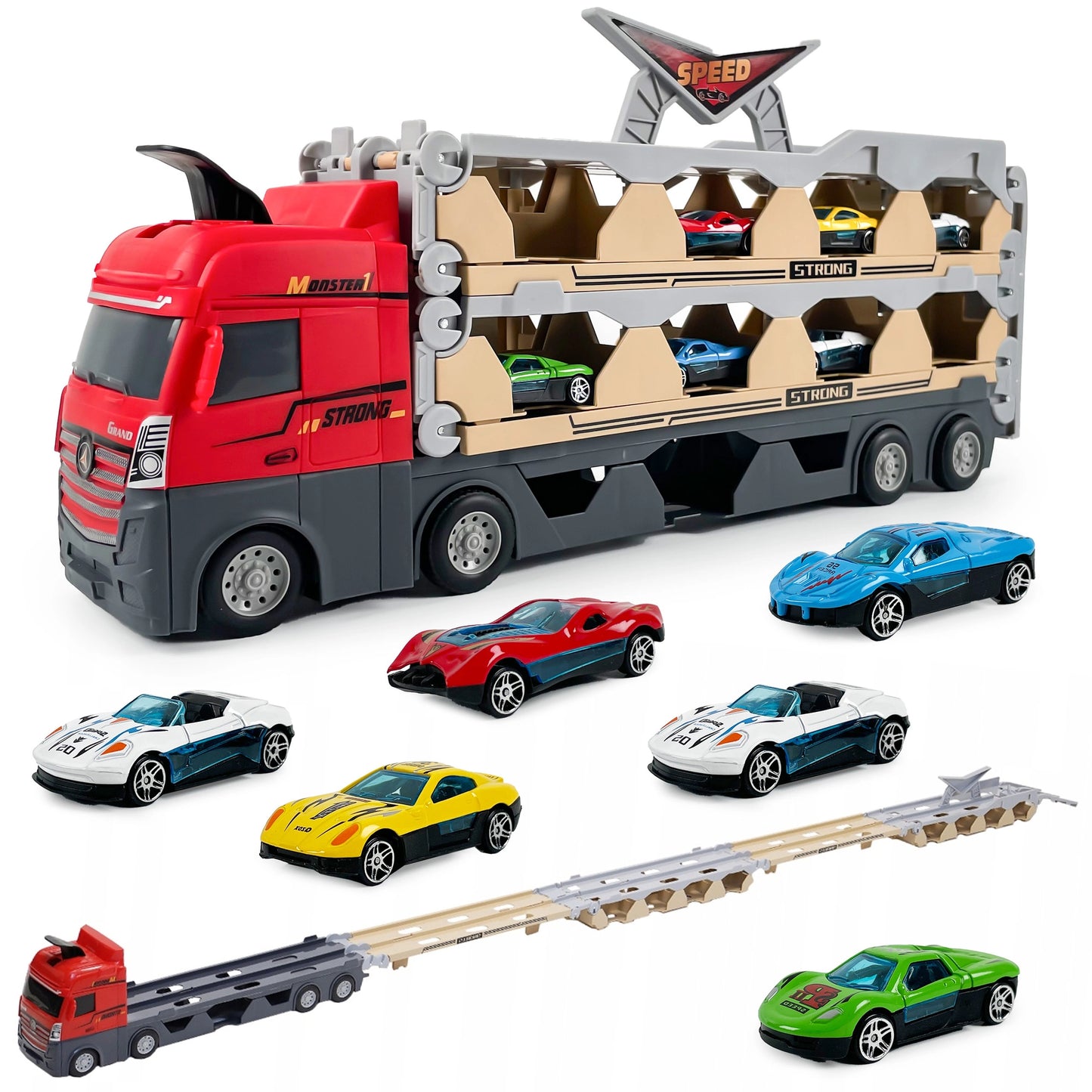Set Camion 3in1 cu remorca, 6 masini de jucarie cu arcuri pentru copii, Pista cu catapulta