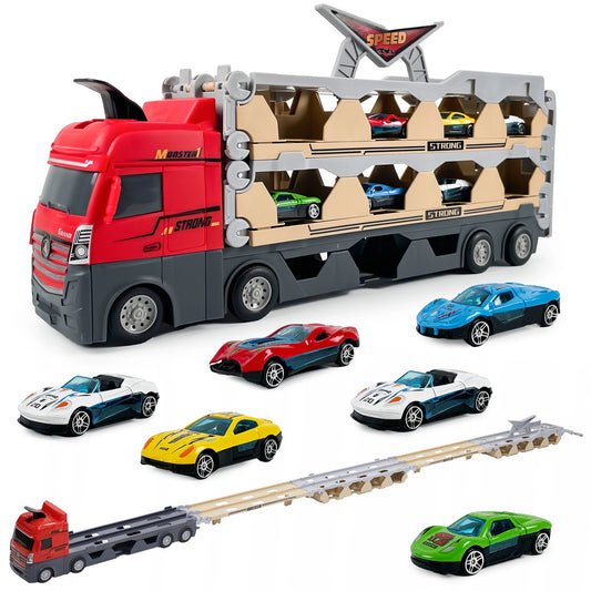 Set Camion 3in1 cu remorca, 6 masini de jucarie cu arcuri pentru copii, Pista cu catapulta