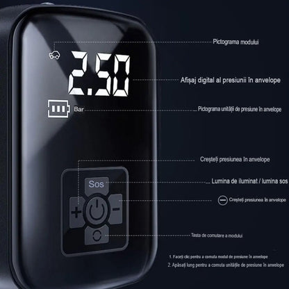 Pompa de Aer Wireless, Flippy, Portabila, 150 PSI, Pentru Anvelope si Mingi, Baterie 2000 mAh, Afisaj Digital, 12.7 x 8.5 cm, Negru-1
