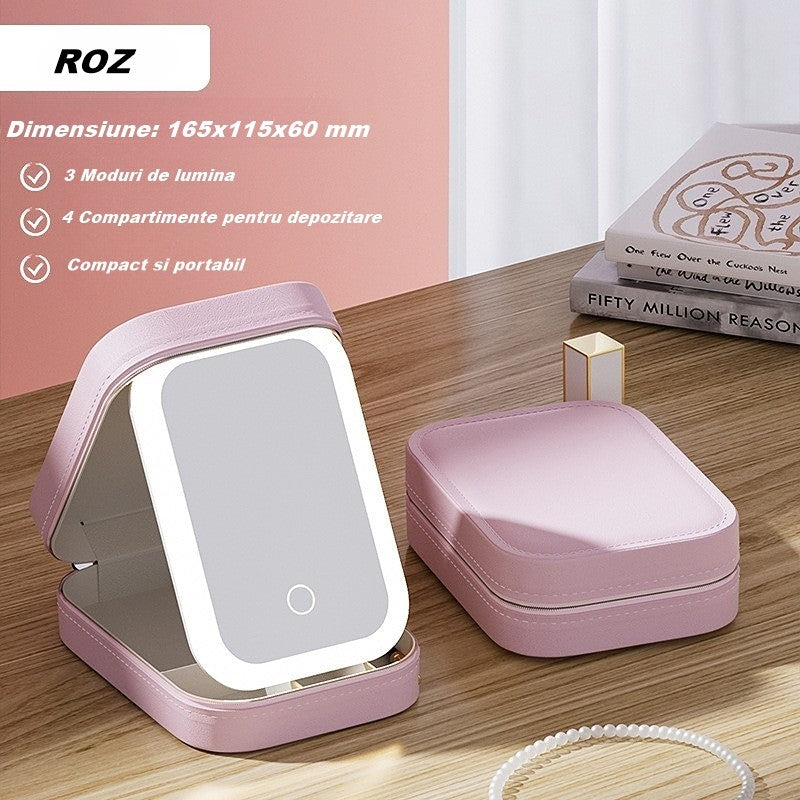 Portfard, Flippy, Geanta Cosmetice, cu Oglinda LED, 3 Moduri de Lumina, Incarcare USB, Baterie 1200 mAh, pentru Organizarea Cosmeticelor, 4 Compartimente, Imitatie Piele, Roz, 16.5x11.5x6 cm-2