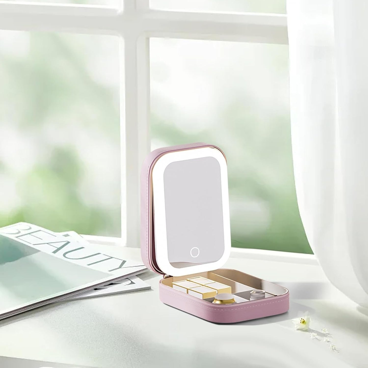 Portfard, Flippy, Geanta Cosmetice, cu Oglinda LED, 3 Moduri de Lumina, Incarcare USB, Baterie 1200 mAh, pentru Organizarea Cosmeticelor, 4 Compartimente, Imitatie Piele, Roz, 16.5x11.5x6 cm-4