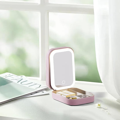 Portfard, Flippy, Geanta Cosmetice, cu Oglinda LED, 3 Moduri de Lumina, Incarcare USB, Baterie 1200 mAh, pentru Organizarea Cosmeticelor, 4 Compartimente, Imitatie Piele, Roz, 16.5x11.5x6 cm-4
