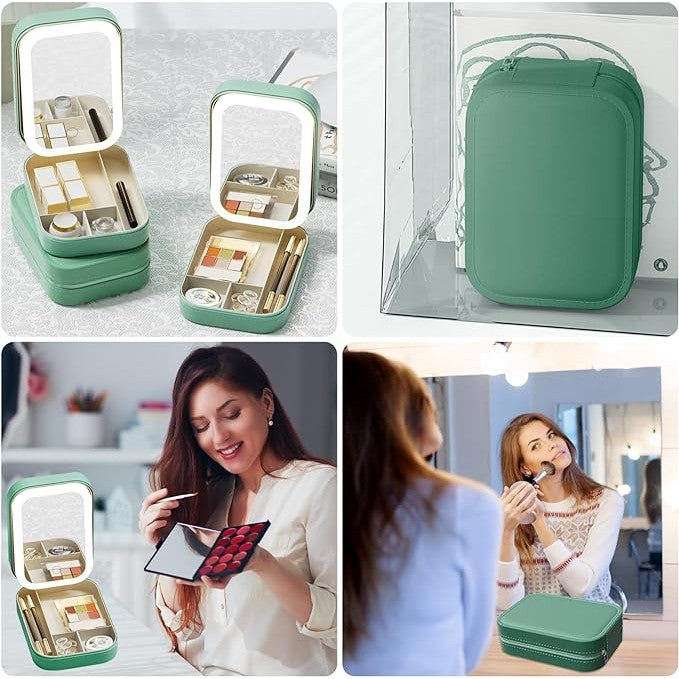 Portfard, Flippy, Geanta Cosmetice, cu Oglinda LED, 3 Moduri de Lumina, Incarcare USB, Baterie 1200 mAh, pentru Organizarea Cosmeticelor, 4 Compartimente, Imitatie Piele, Verde, 16.5x11.5x6 cm-3