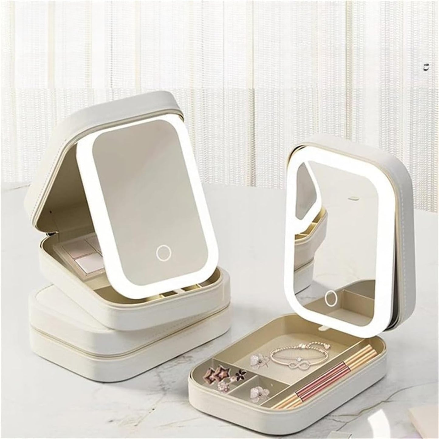 Portfard, Flippy, Geanta Cosmetice, cu Oglinda LED, 3 Moduri de Lumina, Incarcare USB, Baterie 1200 mAh, pentru Organizarea Cosmeticelor, 4 Compartimente, Imitatie Piele, Alb, 16.5x11.5x6 cm-5