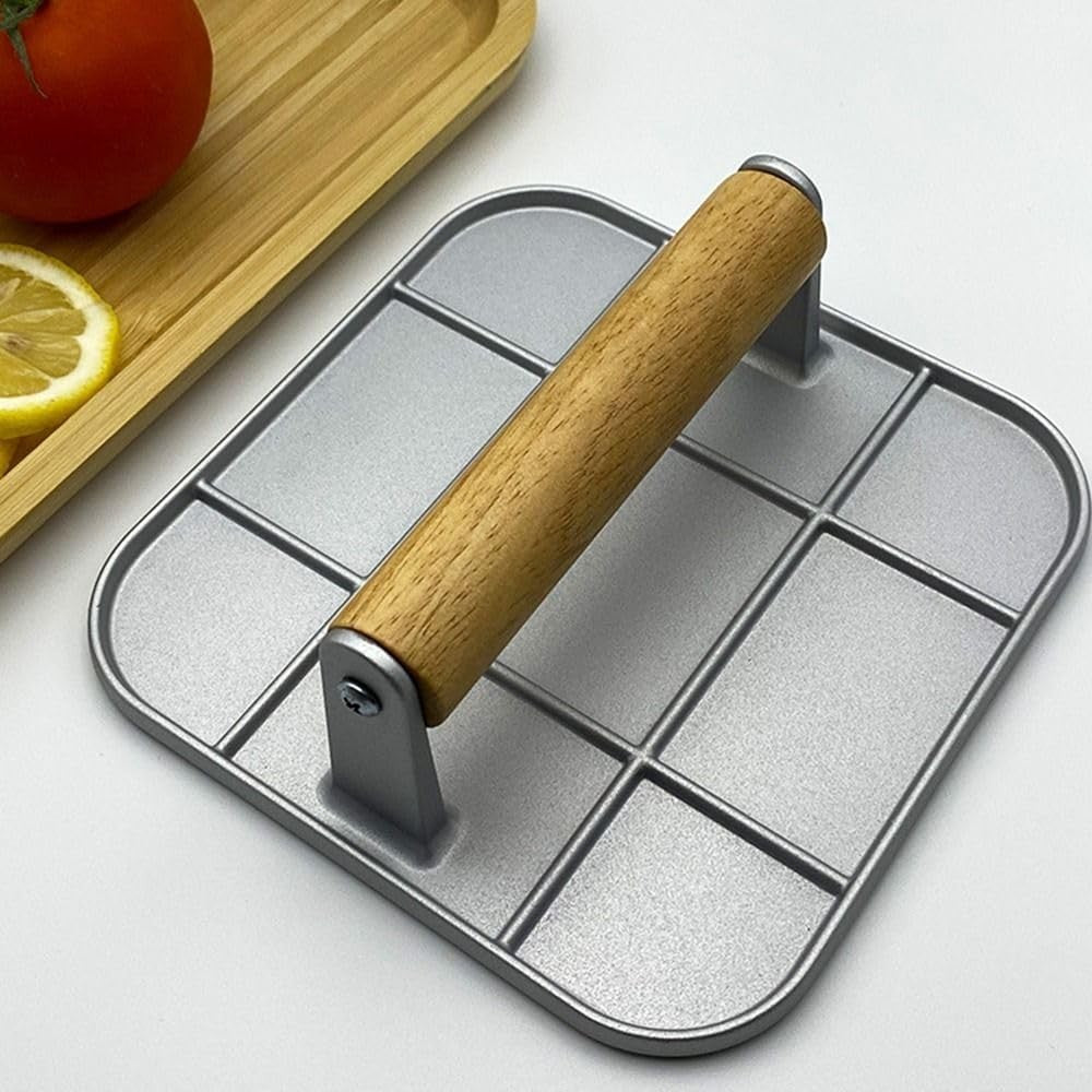 Presa Manuala pentru Carne, Flippy, din Aliaj de Aluminiu, Maner din Lemn, Presa pentru Burgeri, Usor de Curatat si Folosit, Patrata, 16x16x6 cm, Gri-3