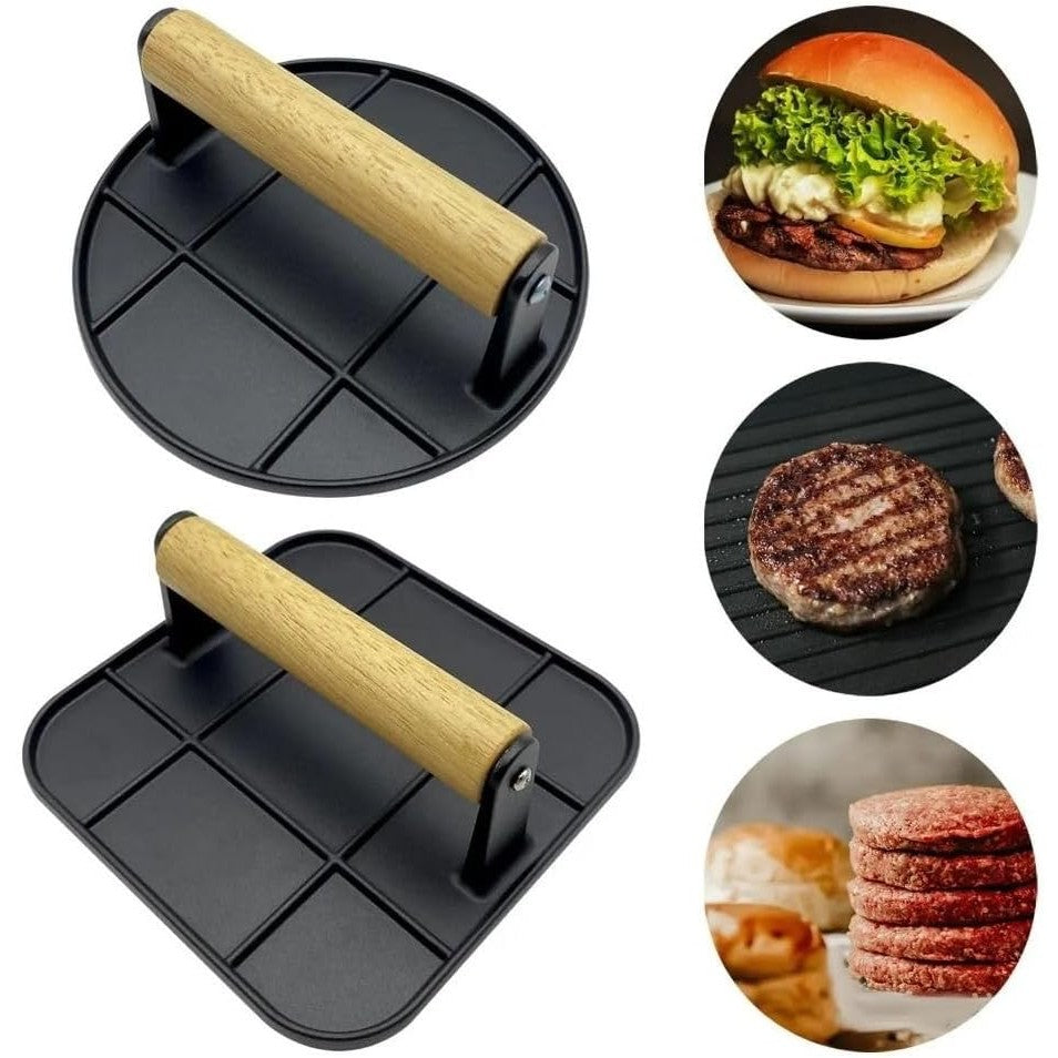Presa Manuala pentru Carne, Flippy, din Aliaj de Aluminiu, Maner din Lemn, Presa pentru Burgeri, Usor de Curatat si Folosit, Patrata, 16x16x6 cm, Neagra-2