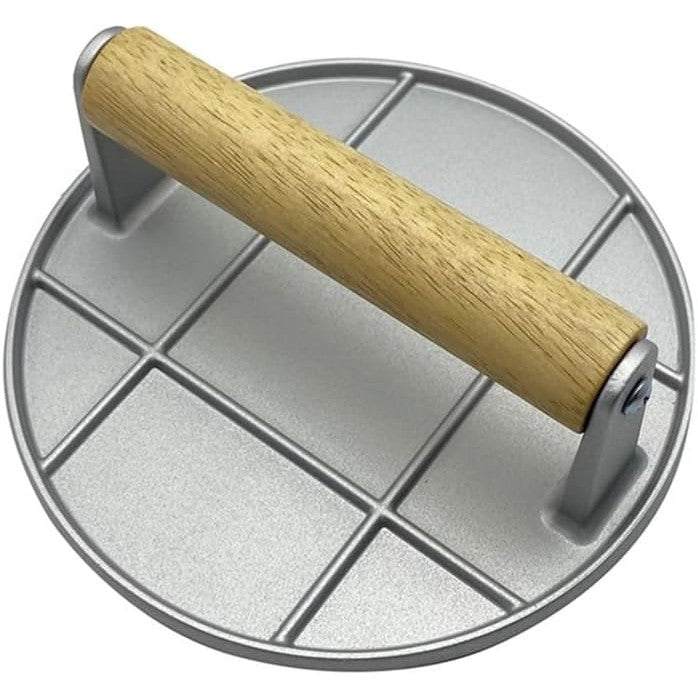Presa Manuala pentru Carne, Flippy, din Aliaj de Aluminiu, Maner din Lemn, Presa pentru Burgeri, Usor de Curatat si Folosit, Rotunda, 16x16x6 cm, Gri-0