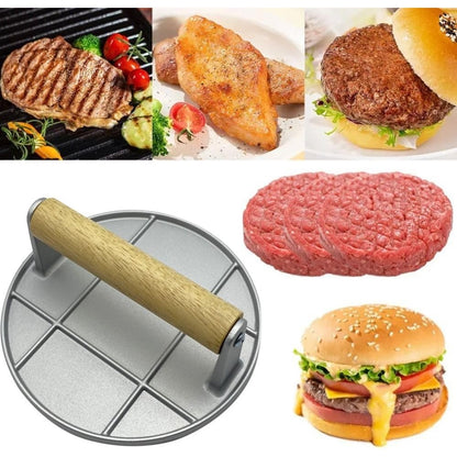 Presa Manuala pentru Carne, Flippy, din Aliaj de Aluminiu, Maner din Lemn, Presa pentru Burgeri, Usor de Curatat si Folosit, Rotunda, 16x16x6 cm, Gri-3