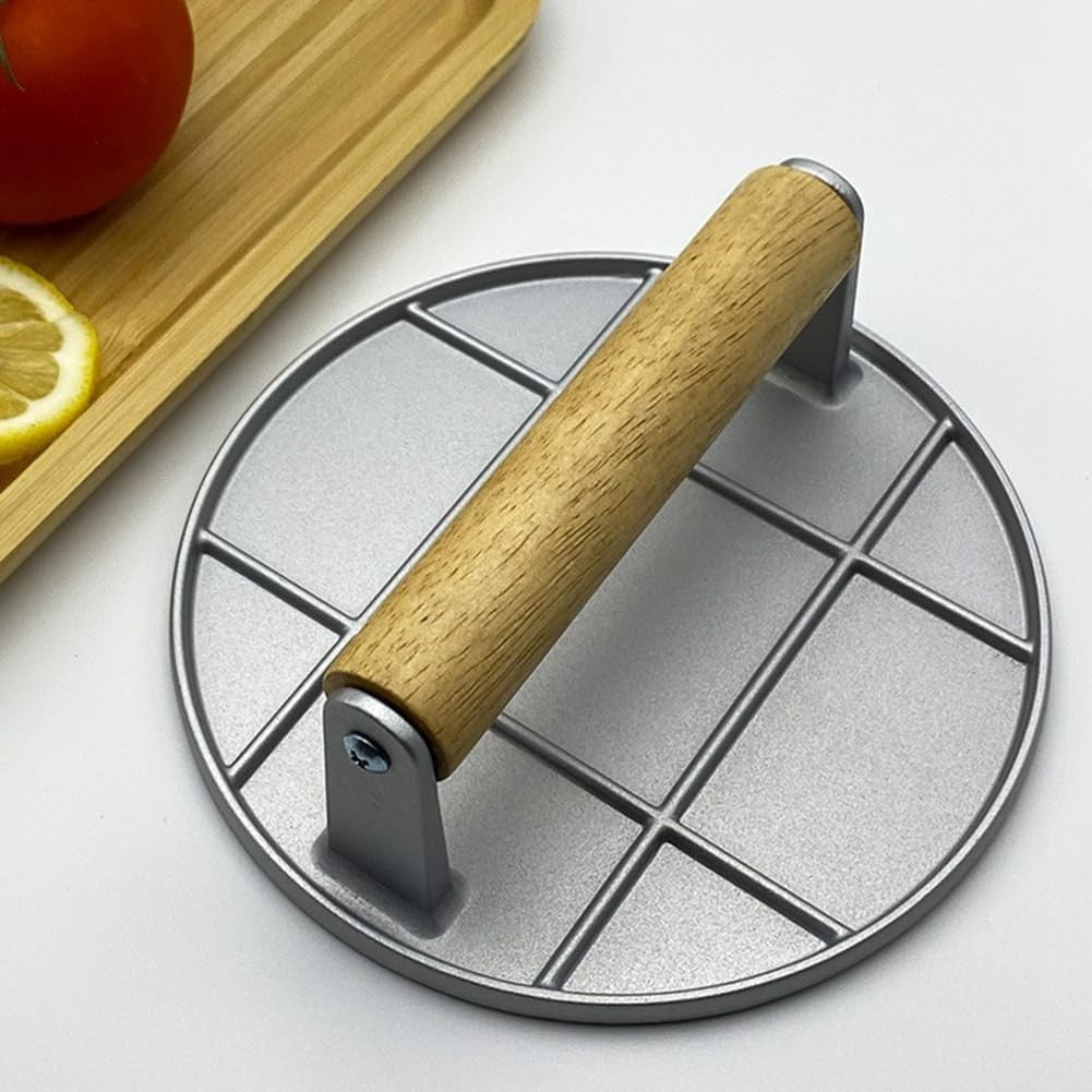 Presa Manuala pentru Carne, Flippy, din Aliaj de Aluminiu, Maner din Lemn, Presa pentru Burgeri, Usor de Curatat si Folosit, Rotunda, 16x16x6 cm, Gri-5