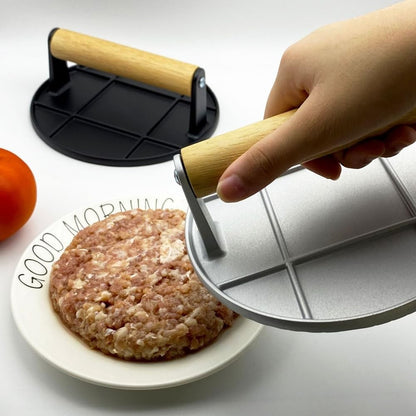 Presa Manuala pentru Carne, Flippy, din Aliaj de Aluminiu, Maner din Lemn, Presa pentru Burgeri, Usor de Curatat si Folosit, Rotunda, 16x16x6 cm, Gri-6