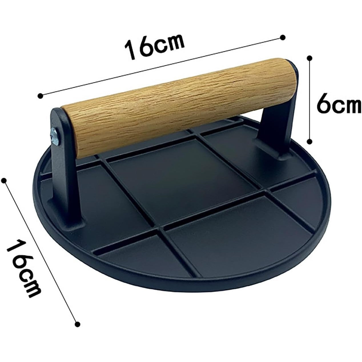 Presa Manuala pentru Carne, Flippy, din Aliaj de Aluminiu, Maner din Lemn, Presa pentru Burgeri, Usor de Curatat si Folosit, Rotunda, 16x16x6 cm, Neagra-6