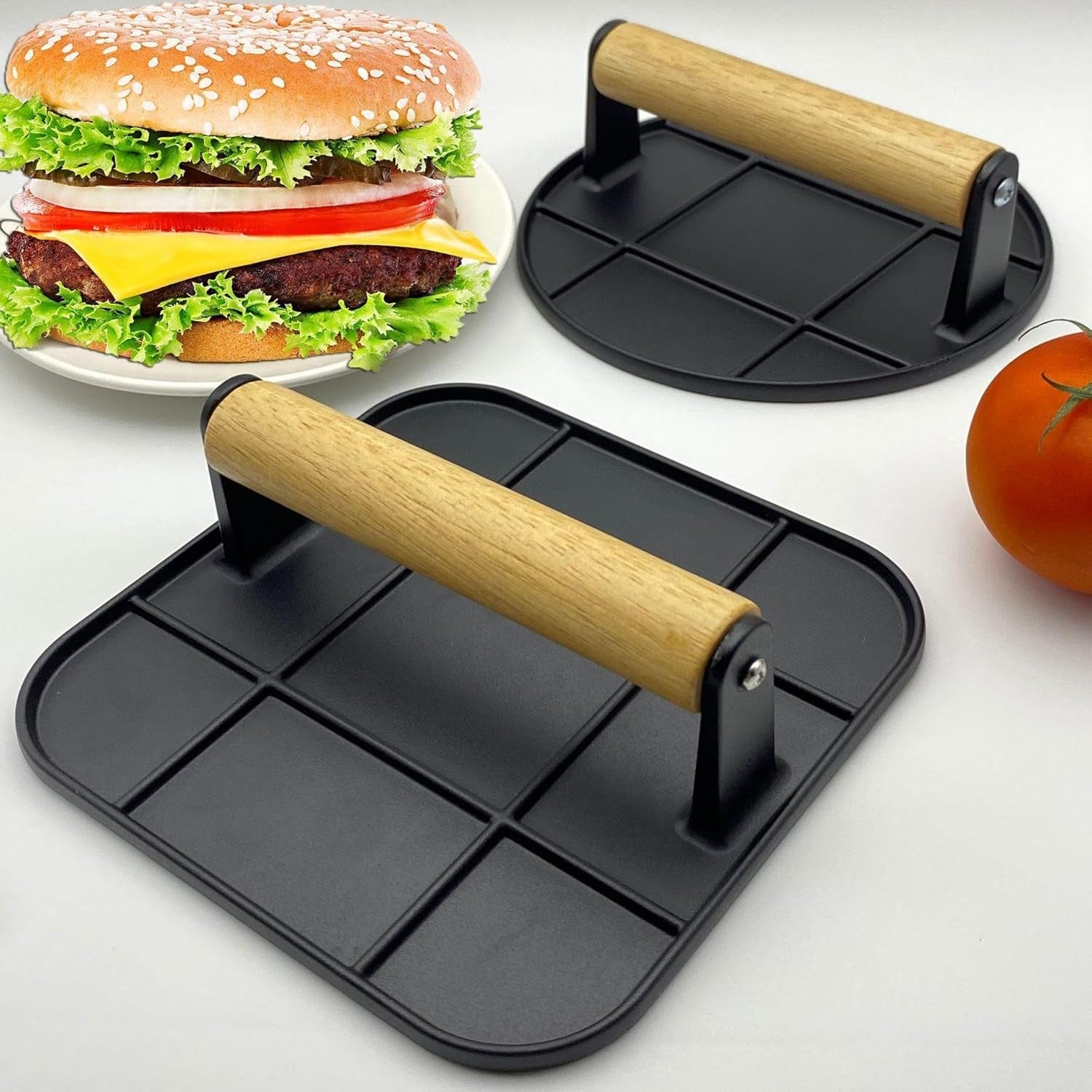 Presa Manuala pentru Carne, Flippy, din Aliaj de Aluminiu, Maner din Lemn, Presa pentru Burgeri, Usor de Curatat si Folosit, Rotunda, 16x16x6 cm, Neagra-10