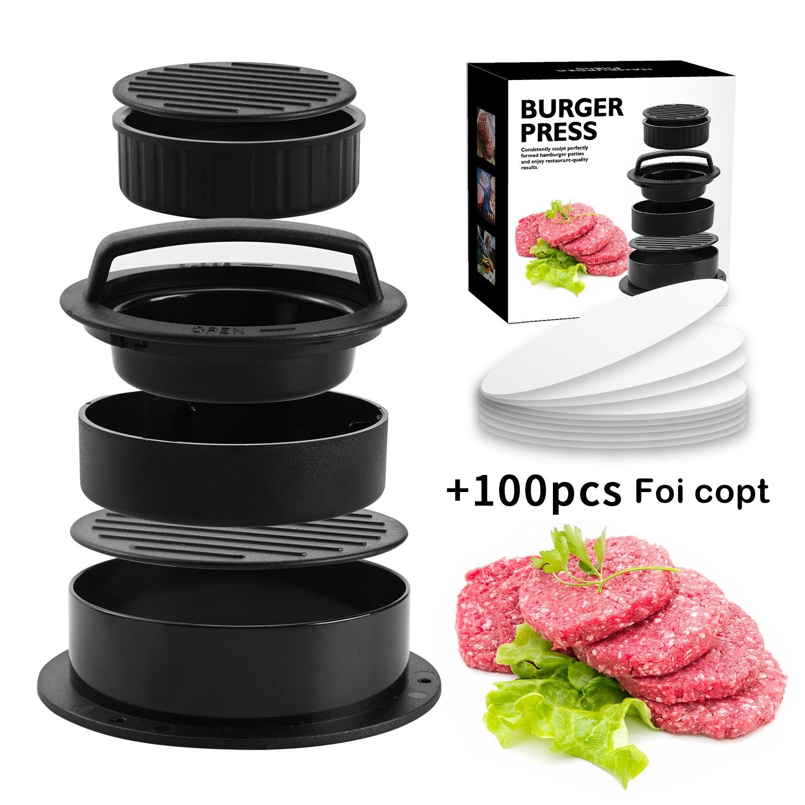 Presa dubla pentru hamburgeri 2 in 1, forma si presa, doua dimensiuni, cu maner, usor de curatat si folosit, material ABS, 100 de foi hartie de copt incluse, 13x13.5x7 cm, fara lipire, neagra-1