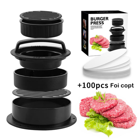 Presa dubla pentru hamburgeri 2 in 1, forma si presa, doua dimensiuni, cu maner, usor de curatat si folosit, material ABS, 100 de foi hartie de copt incluse, 13x13.5x7 cm, fara lipire, neagra-1