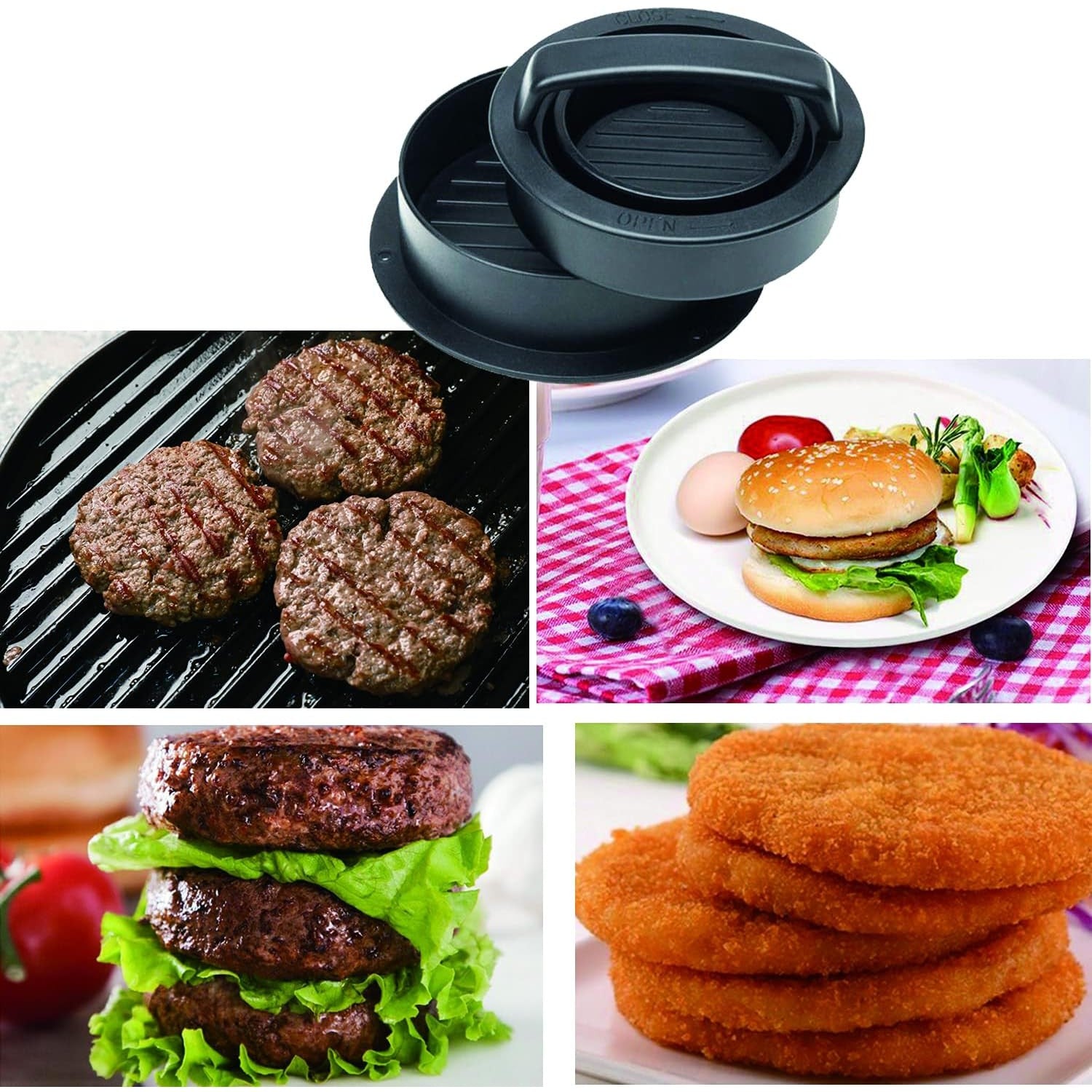Presa dubla pentru hamburgeri 2 in 1, forma si presa, doua dimensiuni, cu maner, usor de curatat si folosit, material ABS, 100 de foi hartie de copt incluse, 13x13.5x7 cm, fara lipire, neagra-2