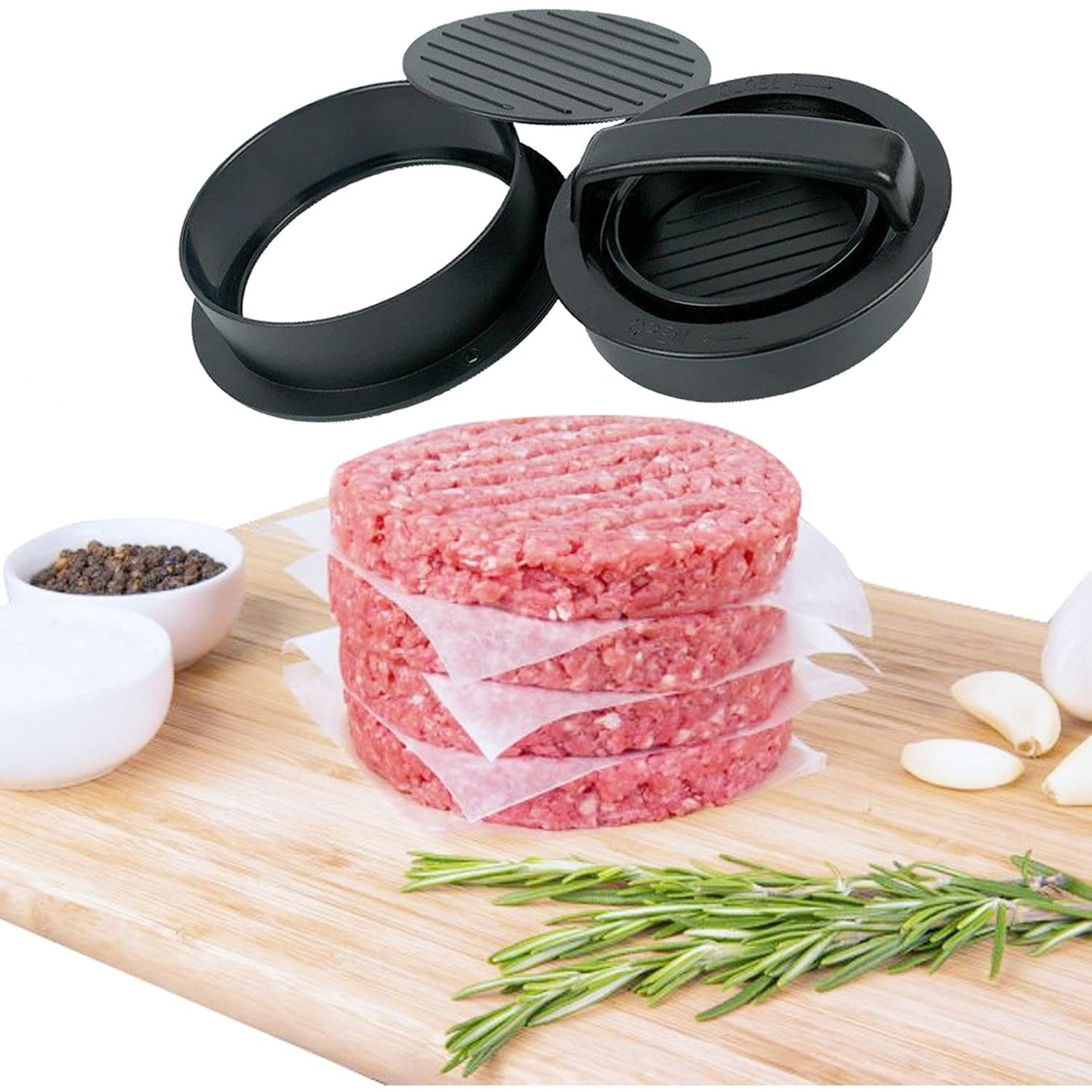 Presa dubla pentru hamburgeri 2 in 1, forma si presa, doua dimensiuni, cu maner, usor de curatat si folosit, material ABS, 100 de foi hartie de copt incluse, 13x13.5x7 cm, fara lipire, neagra-3