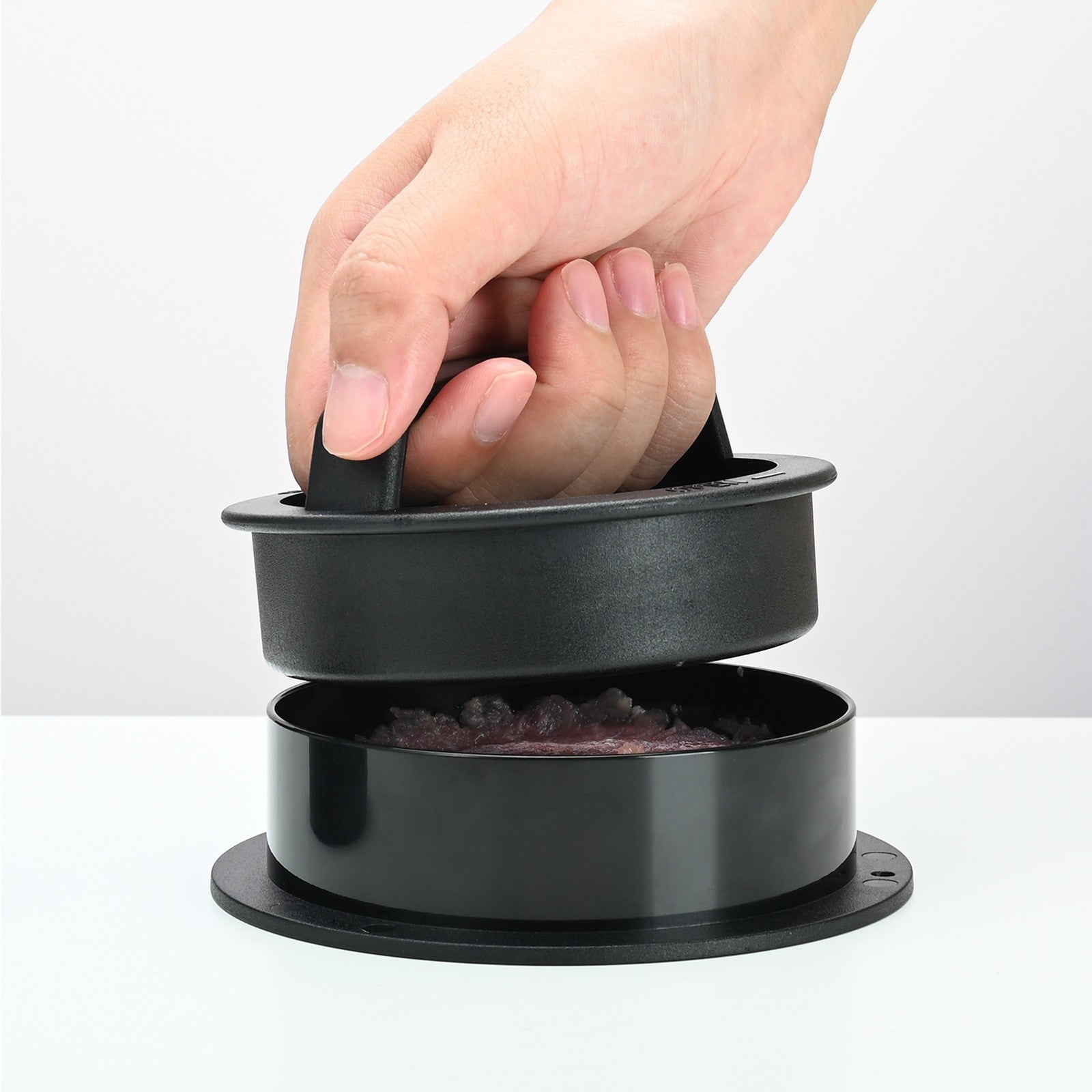 Presa dubla pentru hamburgeri 2 in 1, forma si presa, doua dimensiuni, cu maner, usor de curatat si folosit, material ABS, 100 de foi hartie de copt incluse, 13x13.5x7 cm, fara lipire, neagra-8