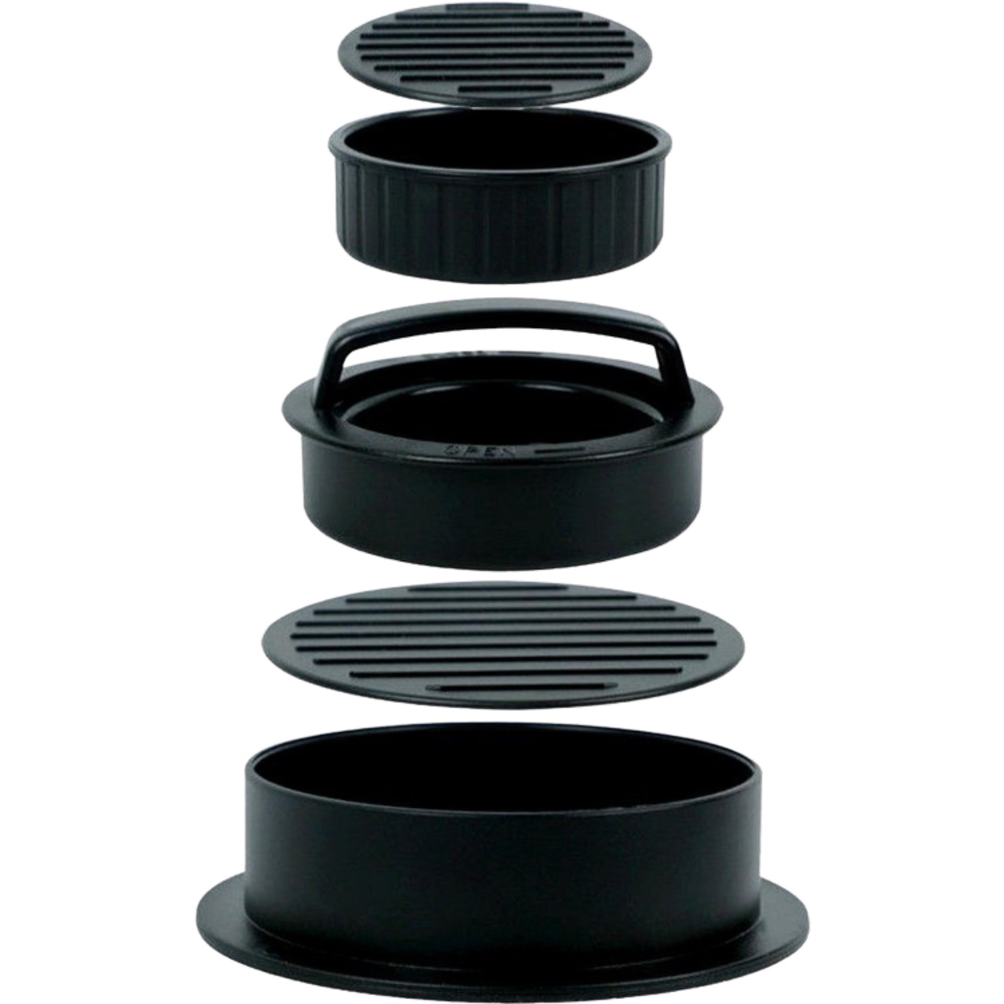 Presa dubla pentru hamburgeri 2 in 1, forma si presa, doua dimensiuni, cu maner, usor de curatat si folosit, material ABS, 100 de foi hartie de copt incluse, 13x13.5x7 cm, fara lipire, neagra-0
