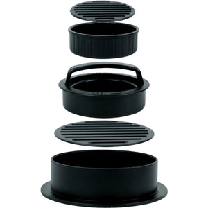 Presa dubla pentru hamburgeri 2 in 1, forma si presa, doua dimensiuni, cu maner, usor de curatat si folosit, material ABS, 100 de foi hartie de copt incluse, 13x13.5x7 cm, fara lipire, neagra-0