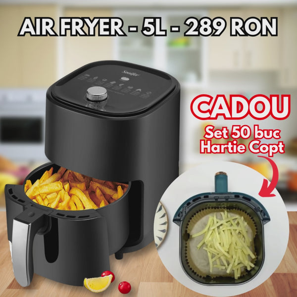 Friteuza cu aer cald SonyMax, 5L + CADOU - Set de 50 de hârtii de copt pentru AirFryer