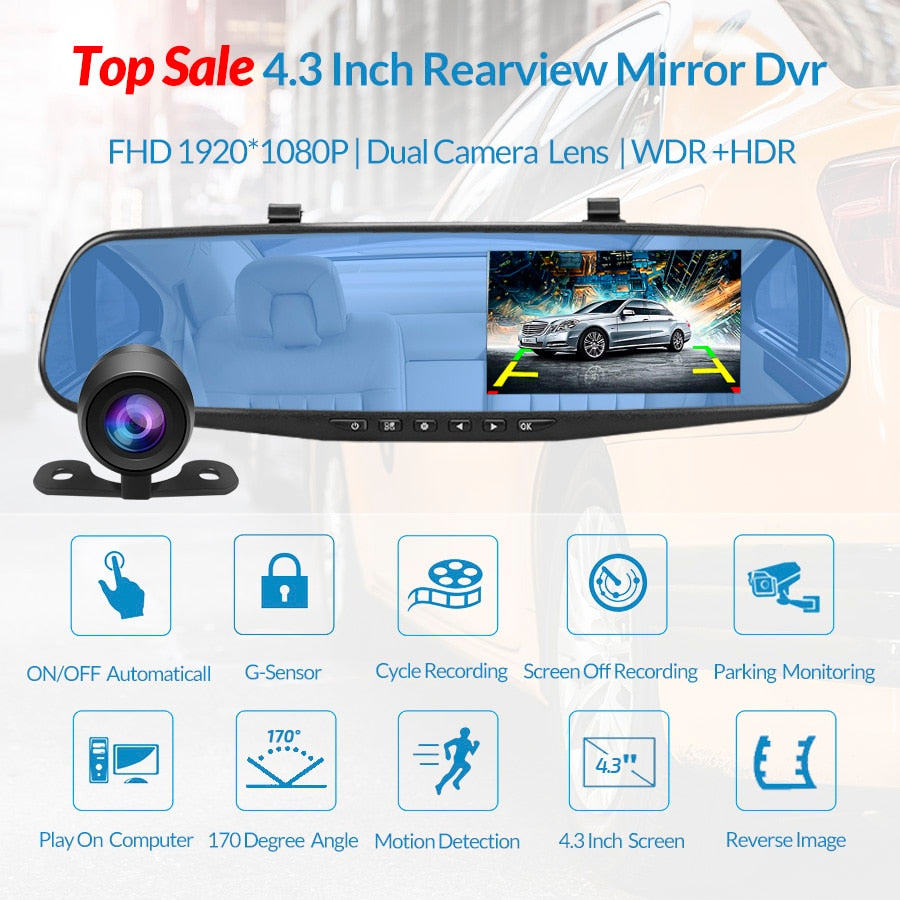 Oglindă retrovizoare 4.5 inch cu cameră HD 1080P, DVR auto, cu microfon și difuzor incorporate + cameră suplimentară pentru marșarier