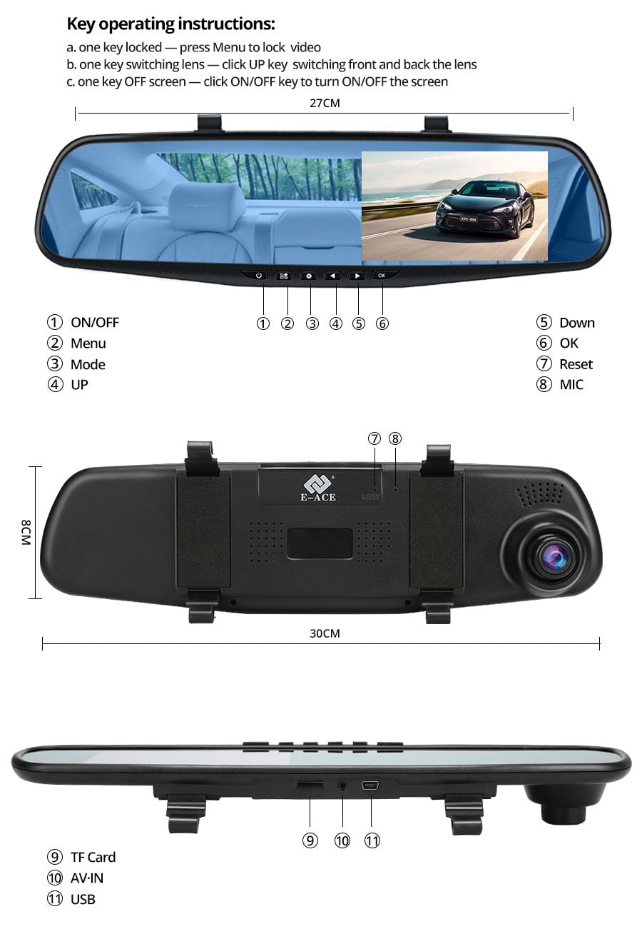Oglindă retrovizoare 4.5 inch cu cameră HD 1080P, DVR auto, cu microfon și difuzor incorporate + cameră suplimentară pentru marșarier