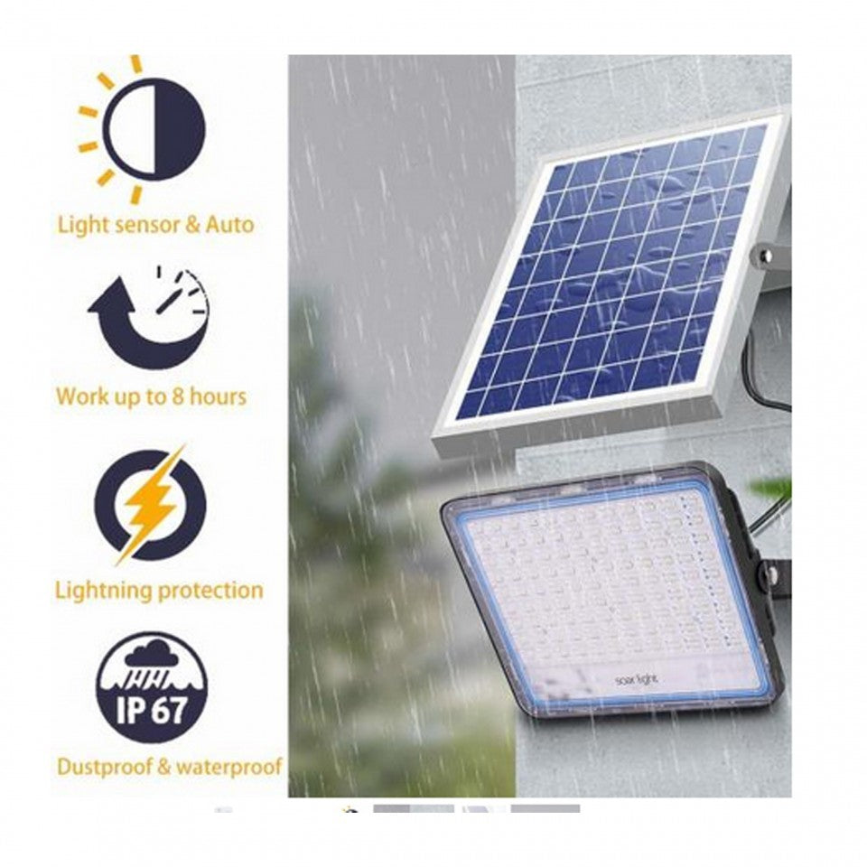 Proiector LED cu Panou Solar Flippy, Senzor lumina, Waterproof,  396 LED-uri incorporate, 200W, 30x24 cm, IP67, Design Modern, Negru