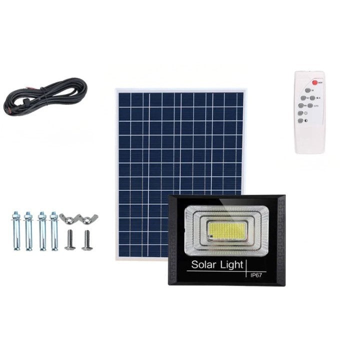 Proiector LED/Lampa solara de exterior Flippy, 15 cm x 20 cm, Rezistent la Apa IP67, cu Panou Solar, 114 LED SMD, 65W, Senzor de lumina, Timer, cu Telecomanda, 2 moduri de iluminat, kit montaj inclus, Lumina Rece-1