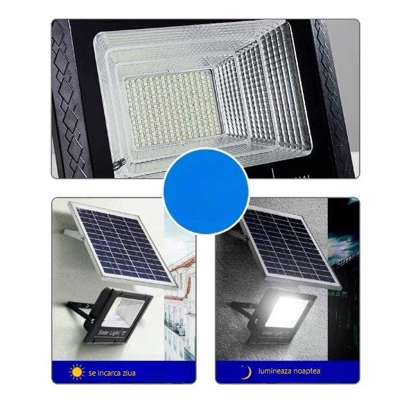 Proiector LED/Lampa solara de exterior Flippy, 22 cm x 27 cm, Rezistent la Apa IP67, cu Panou Solar, 248 LED SMD, 150 W, Senzor de lumina, Timer, cu Telecomanda, 2 moduri de iluminat, kit montaj inclus, Lumina Rece-1