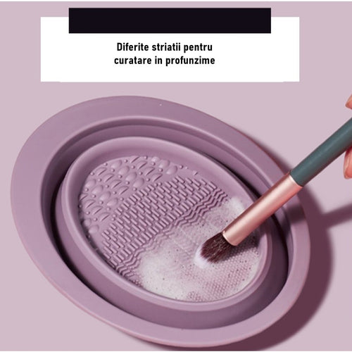 Accesoriu din silicon pentru curatarea accesoriilor makeup, pensule, buretei, 14.5 x 11,5 cm, 2 moduri de utilizare, pliabil, mov-1