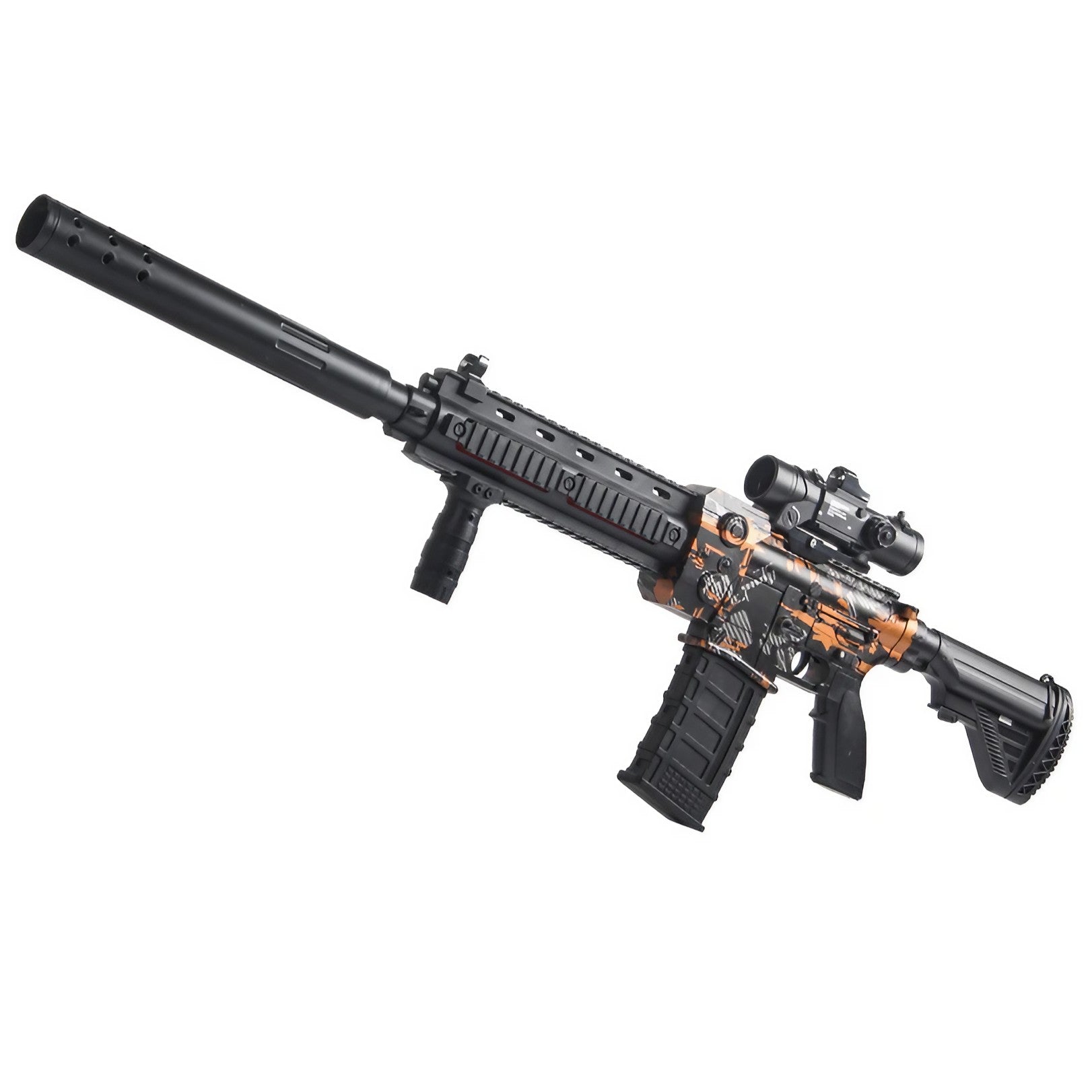 Pusca de Jucarie M416 Ultrarealista, Flippy, cu Luneta, 20 de Proiectile din Spuma Moale, 5 Cartuse, 95 cm, 8 ani+, Negru Portocaliu-0
