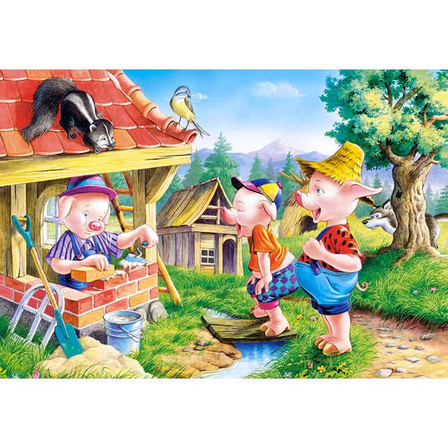 Puzzle 60 de Piese din Lemn in Cutie Metalica, Flippy, Model Cei Trei Purcelusi, Educativ, Dezvoltare Abilitati Cognitive, pentru Prescolari, 22.5x13.5 cm, Multicolor-2