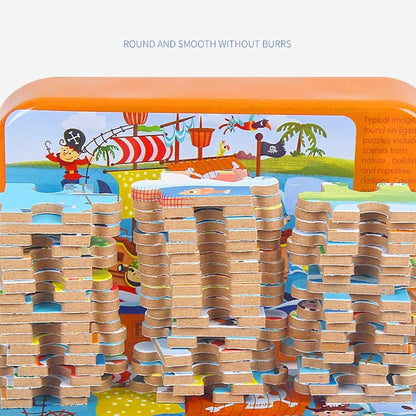 Puzzle 60 de Piese din Lemn in Cutie Metalica, Flippy, Model Cei Trei Purcelusi, Educativ, Dezvoltare Abilitati Cognitive, pentru Prescolari, 22.5x13.5 cm, Multicolor-4