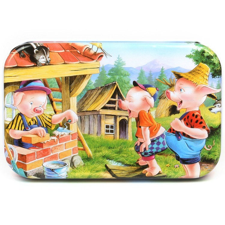 Puzzle 60 de Piese din Lemn in Cutie Metalica, Flippy, Model Cei Trei Purcelusi, Educativ, Dezvoltare Abilitati Cognitive, pentru Prescolari, 22.5x13.5 cm, Multicolor-0