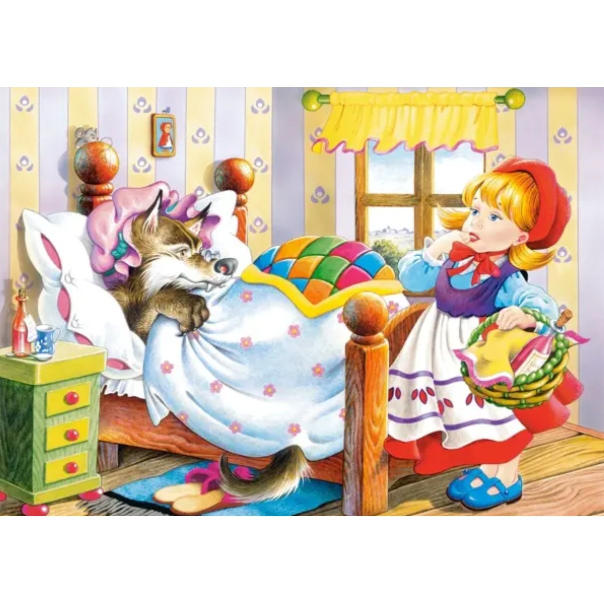 Puzzle 60 de Piese din Lemn in Cutie Metalica, Flippy, Model Scufita Rosie, Educativ, Dezvoltare Abilitati Cognitive, pentru Prescolari, 22.5x13.5 cm, Multicolor-2